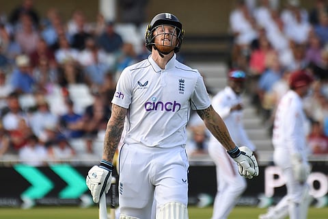 Ben Stokes reacts after being dismissed by Kavem Hodge